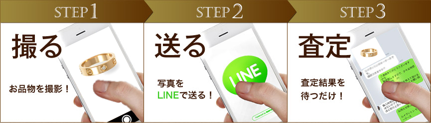 STEP1 撮る。お品物を撮影！ STEP2 送る。写真をLINEで送る！ STEP3 査定。査定結果を待つだけ！